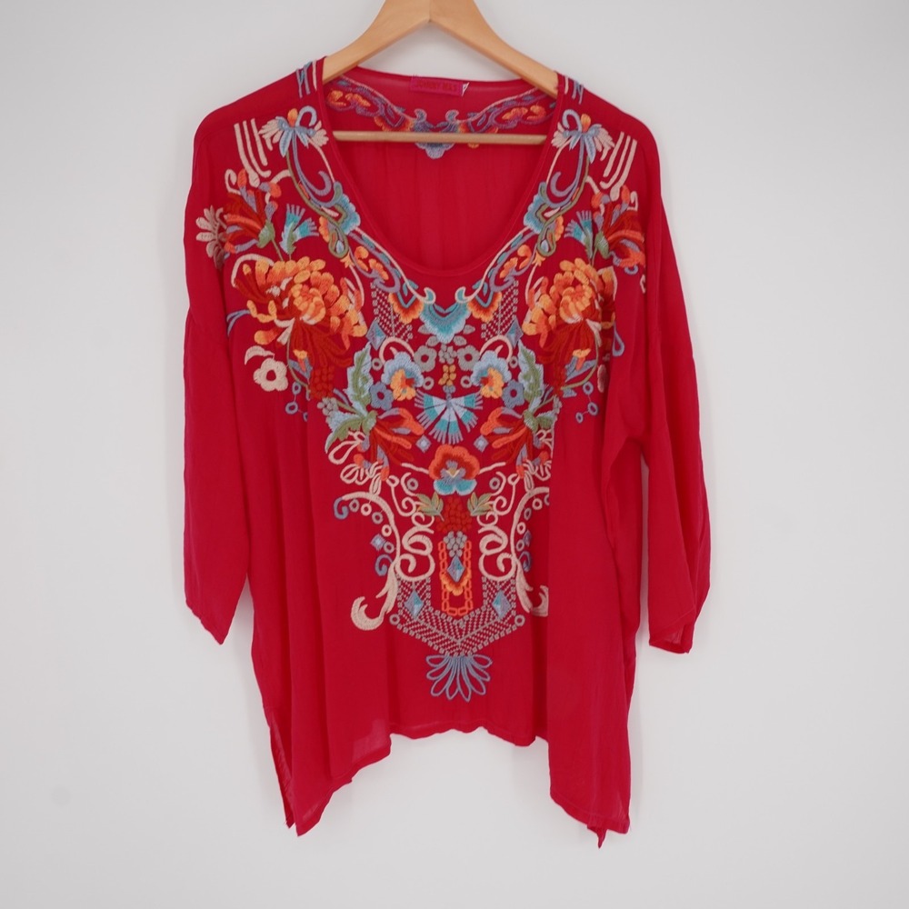 Johnny Was Boho Embroidered Tunic Top Womens M Pink Relaxed V Neck Cupra Casual